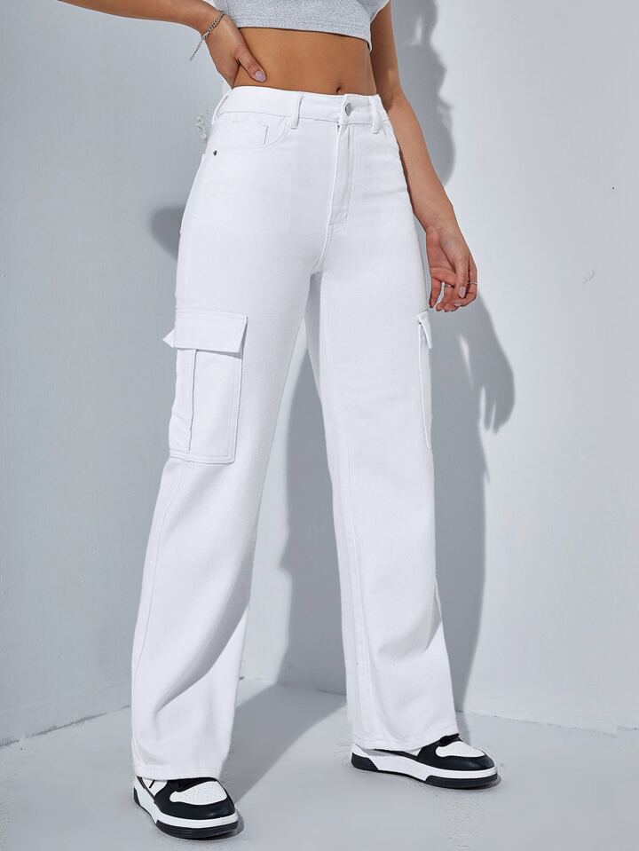 White Cargo Wide-Leg Jeans – Street Style