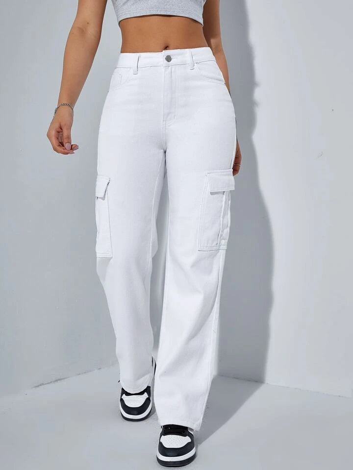 White Cargo Wide-Leg Jeans – Street Style