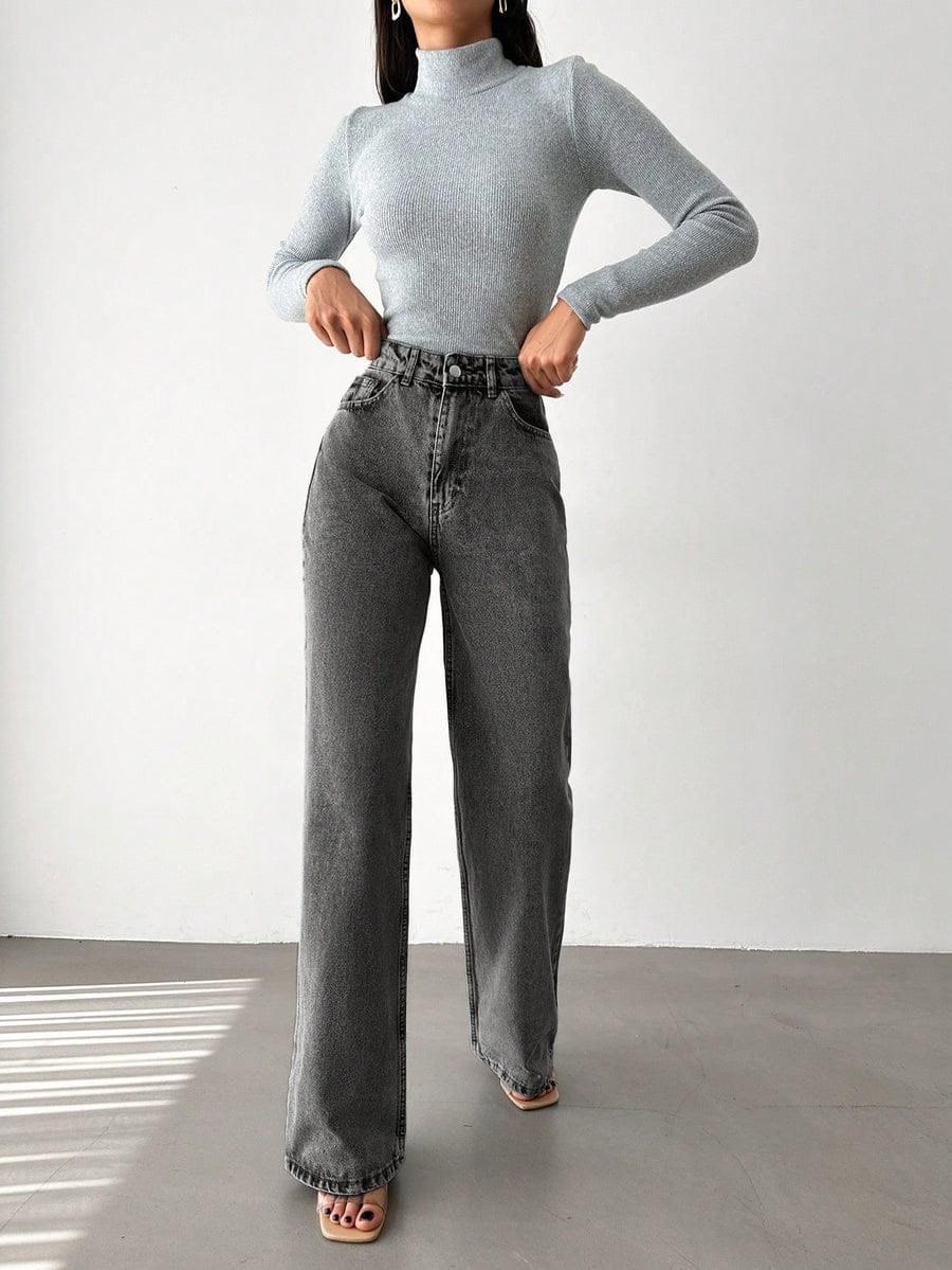 Charcoal Grey High-Waist Wide-Leg Jeans