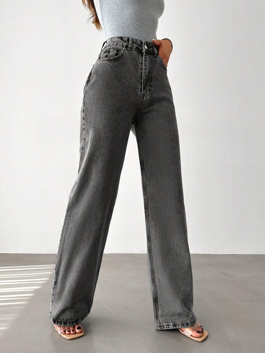 Charcoal Grey High-Waist Wide-Leg Jeans