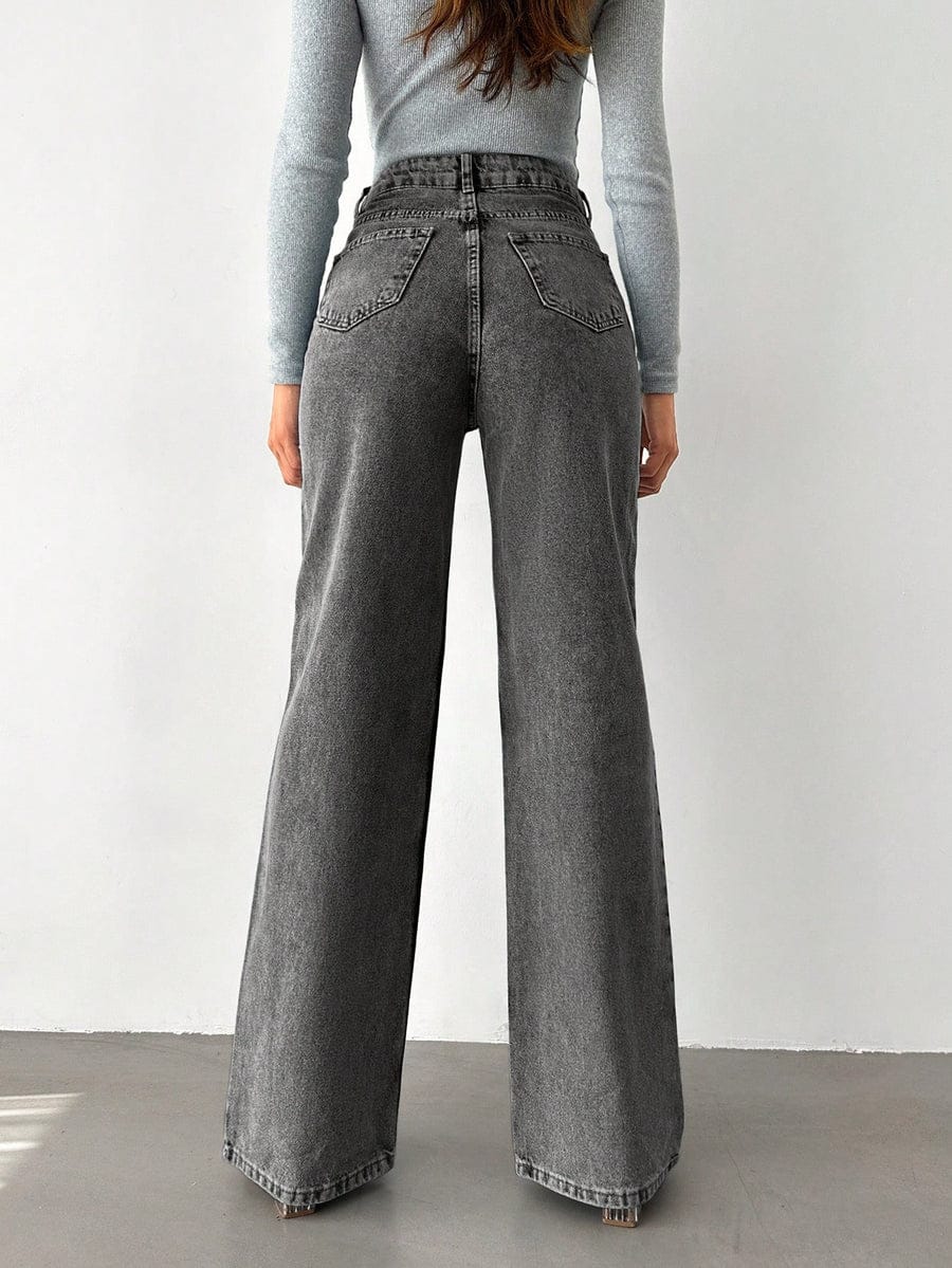 Charcoal Grey High-Waist Wide-Leg Jeans