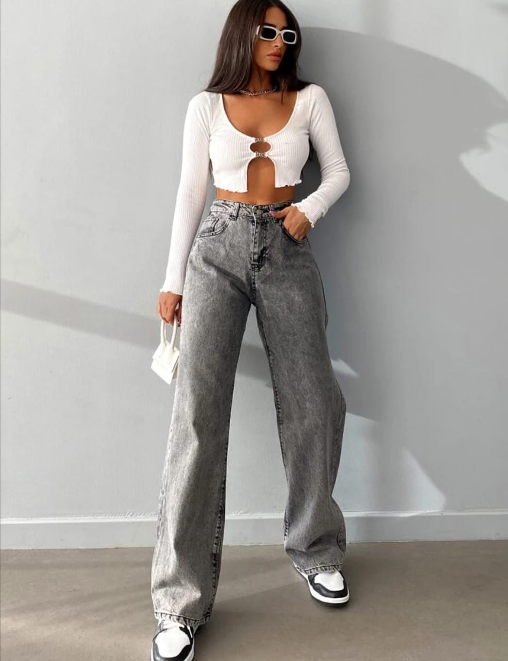 Grey Stone Wash High-Waist Flared Jeans