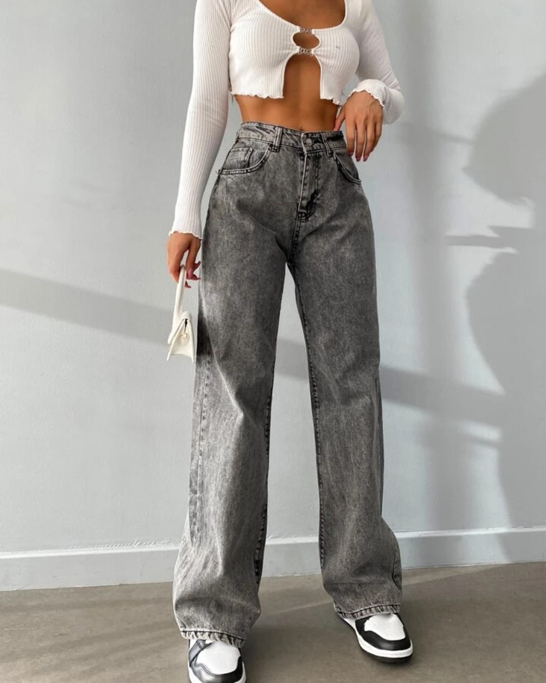 Grey Stone Wash High-Waist Flared Jeans