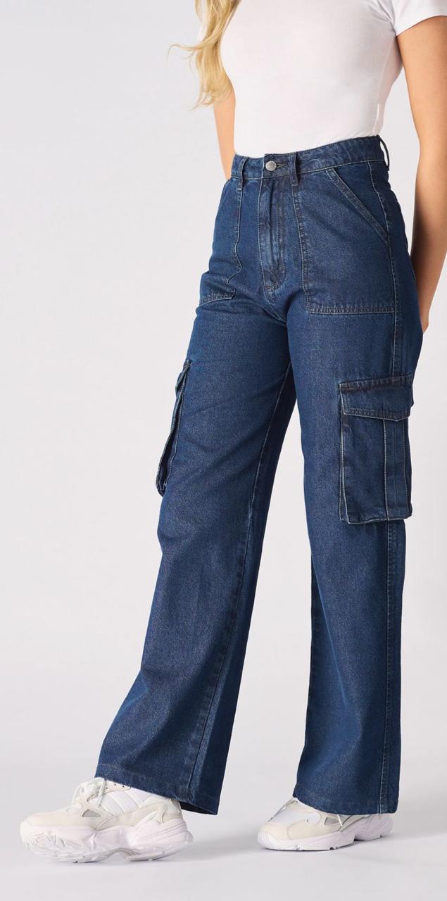 High-Waist Wide-Leg Cargo Jeans – Dark Blue