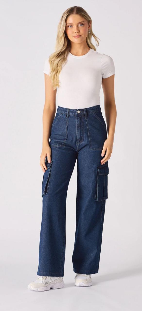 High-Waist Wide-Leg Cargo Jeans – Dark Blue