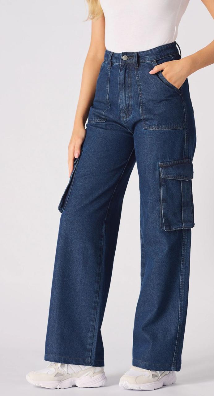 High-Waist Wide-Leg Cargo Jeans – Dark Blue