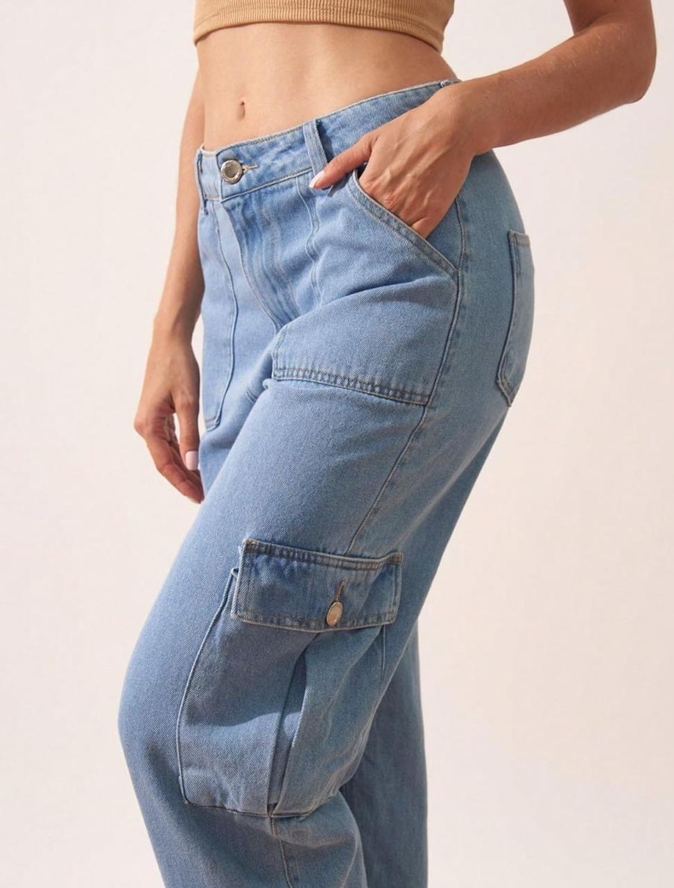 Light Blue High-Waist Cargo Jeans