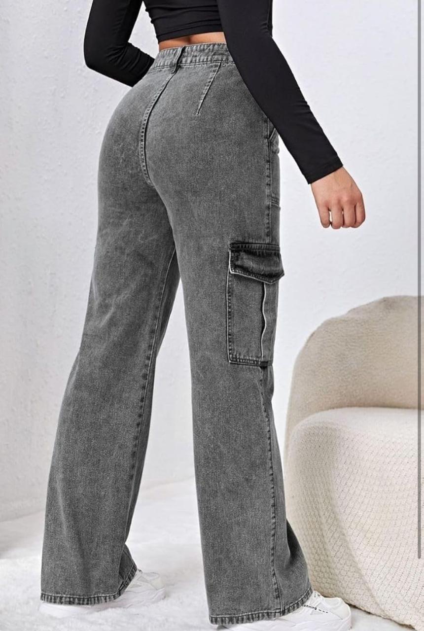 Women's Charcoal Washed Cargo Denim Jeans