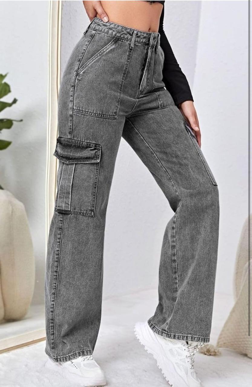 Women's Charcoal Washed Cargo Denim Jeans