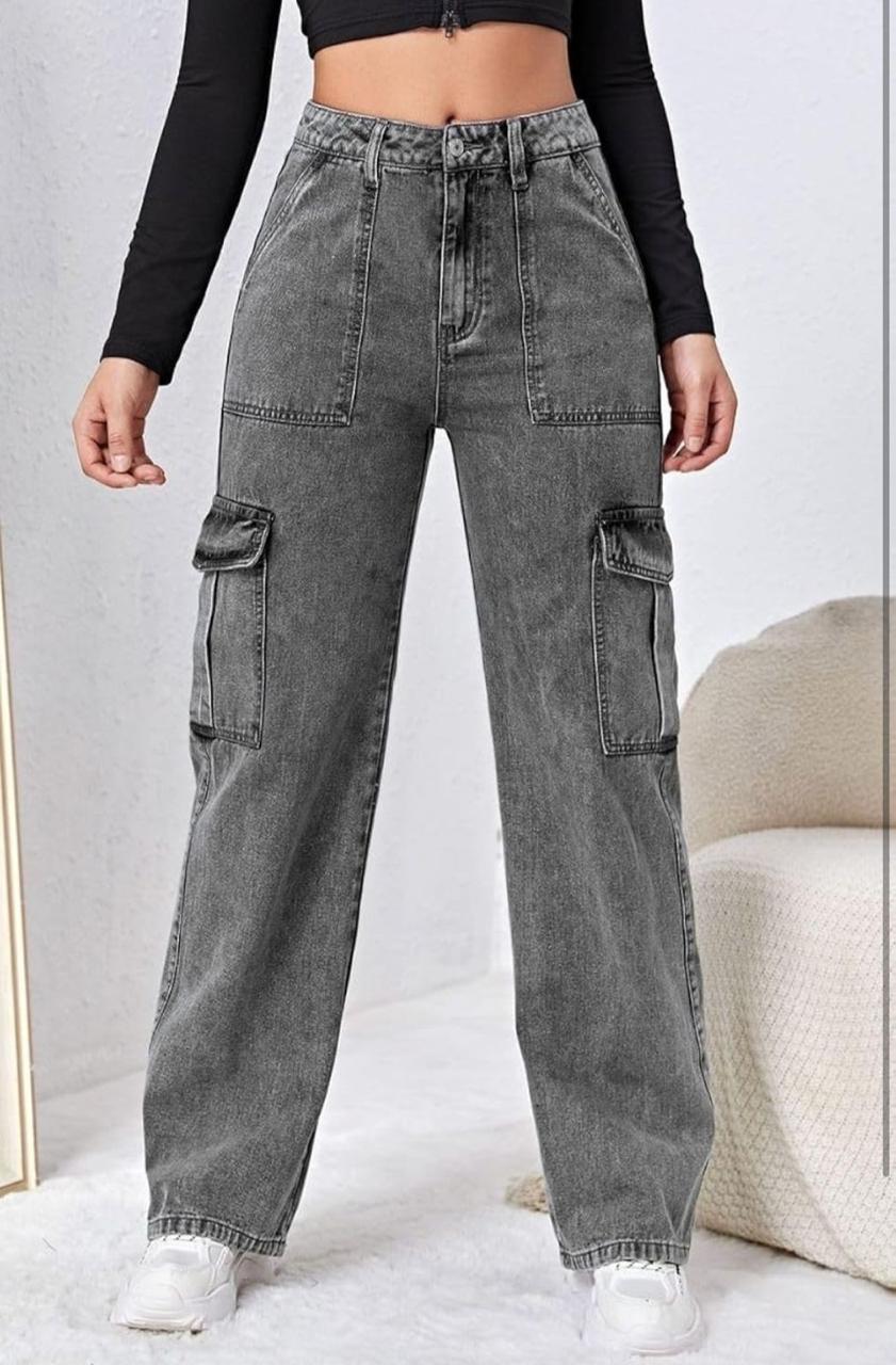 Women's Charcoal Washed Cargo Denim Jeans