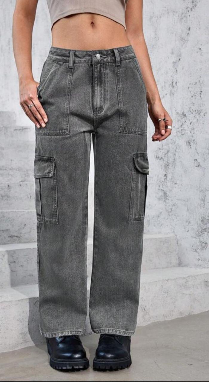 Women's Charcoal Washed Cargo Denim Jeans