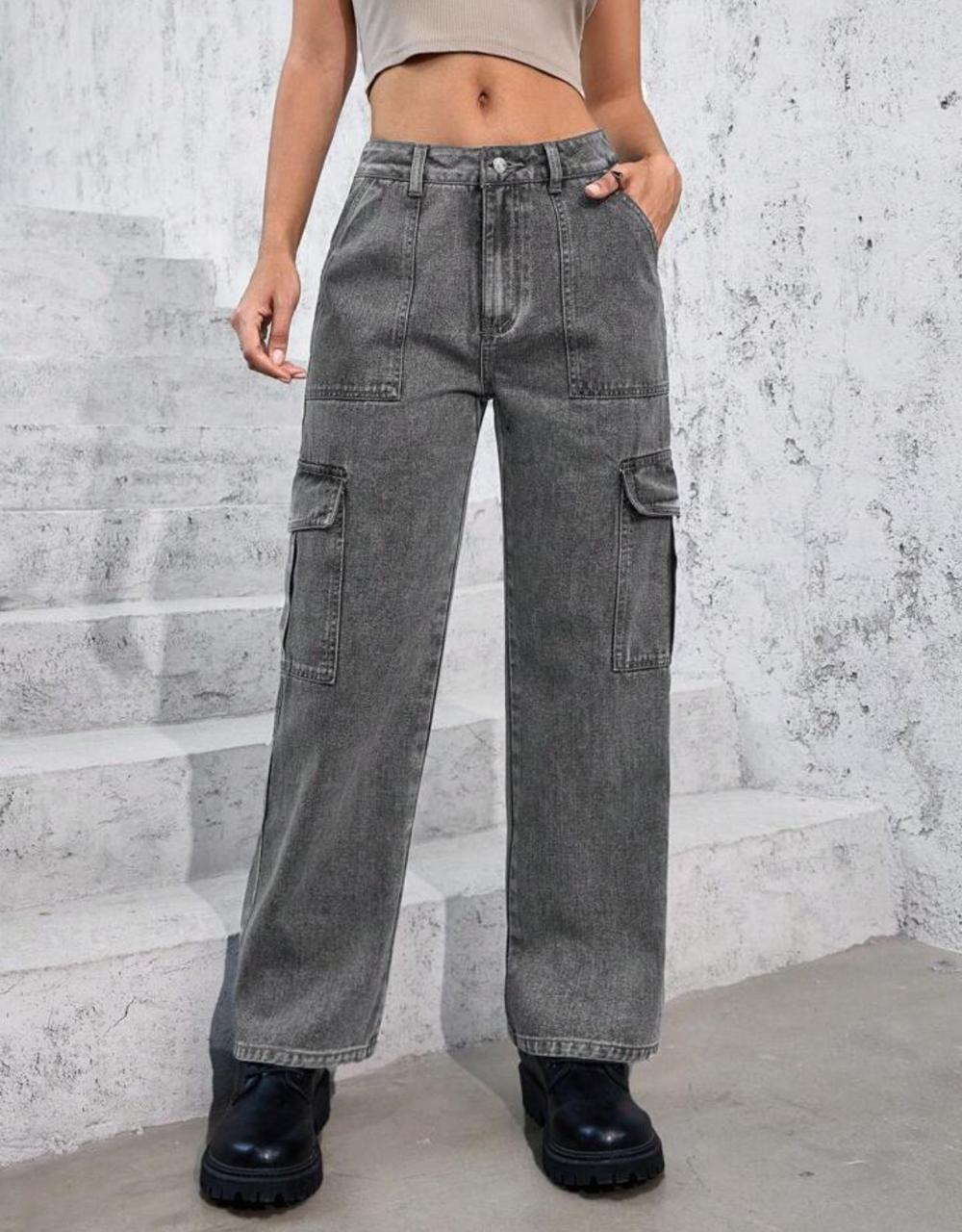 Women's Charcoal Washed Cargo Denim Jeans