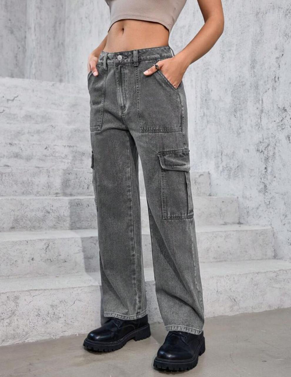 Women's Charcoal Washed Cargo Denim Jeans