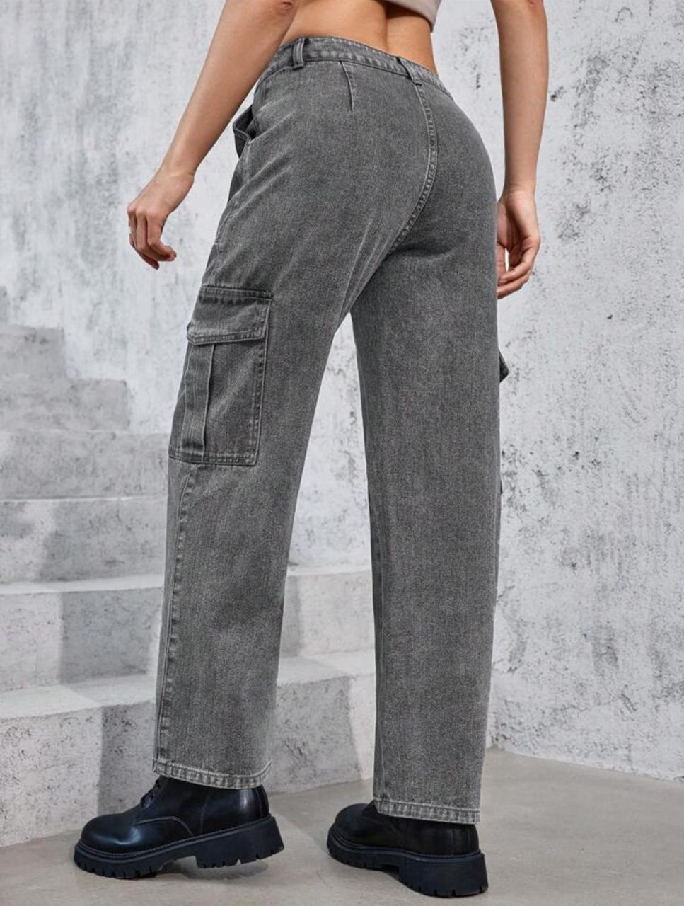 Women's Charcoal Washed Cargo Denim Jeans