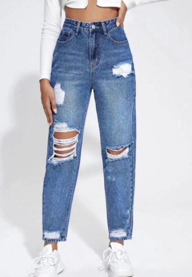 Blue Distressed High-Waist Mom Fit Jeans - Trendy & Comfortable