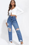 Blue Distressed High-Waist Mom Fit Jeans - Trendy & Comfortable