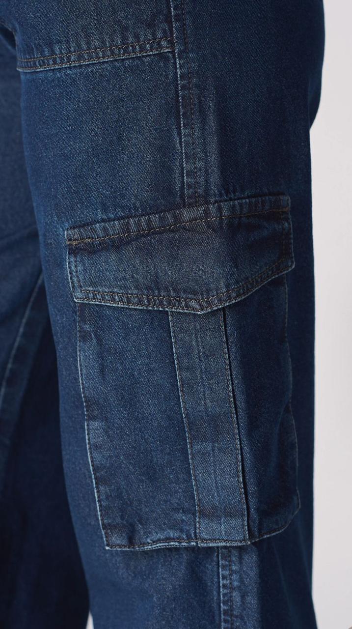 Dark Blue High-Waist 6-Pocket Cargo Wide-Leg Jeans