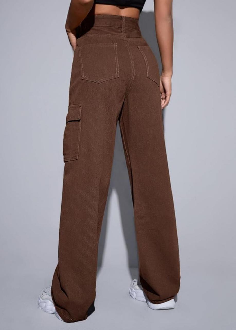 High-Waist Wide-Leg Cargo Jeans – Coffee Brown